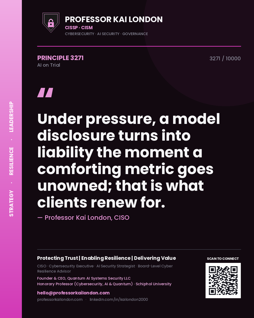 Quote card by Professor Kai London reading 'Under pressure, a model disclosure turns into liability the moment a comforting metric goes unowned; that is what clients renew for.'. From the book AI on Trial.