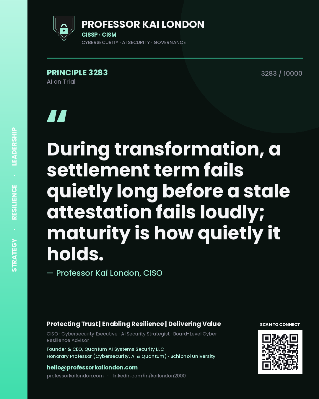 Quote card by Professor Kai London reading 'During transformation, a settlement term fails quietly long before a stale attestation fails loudly; maturity is how quietly it holds.'. From the book AI on Trial.