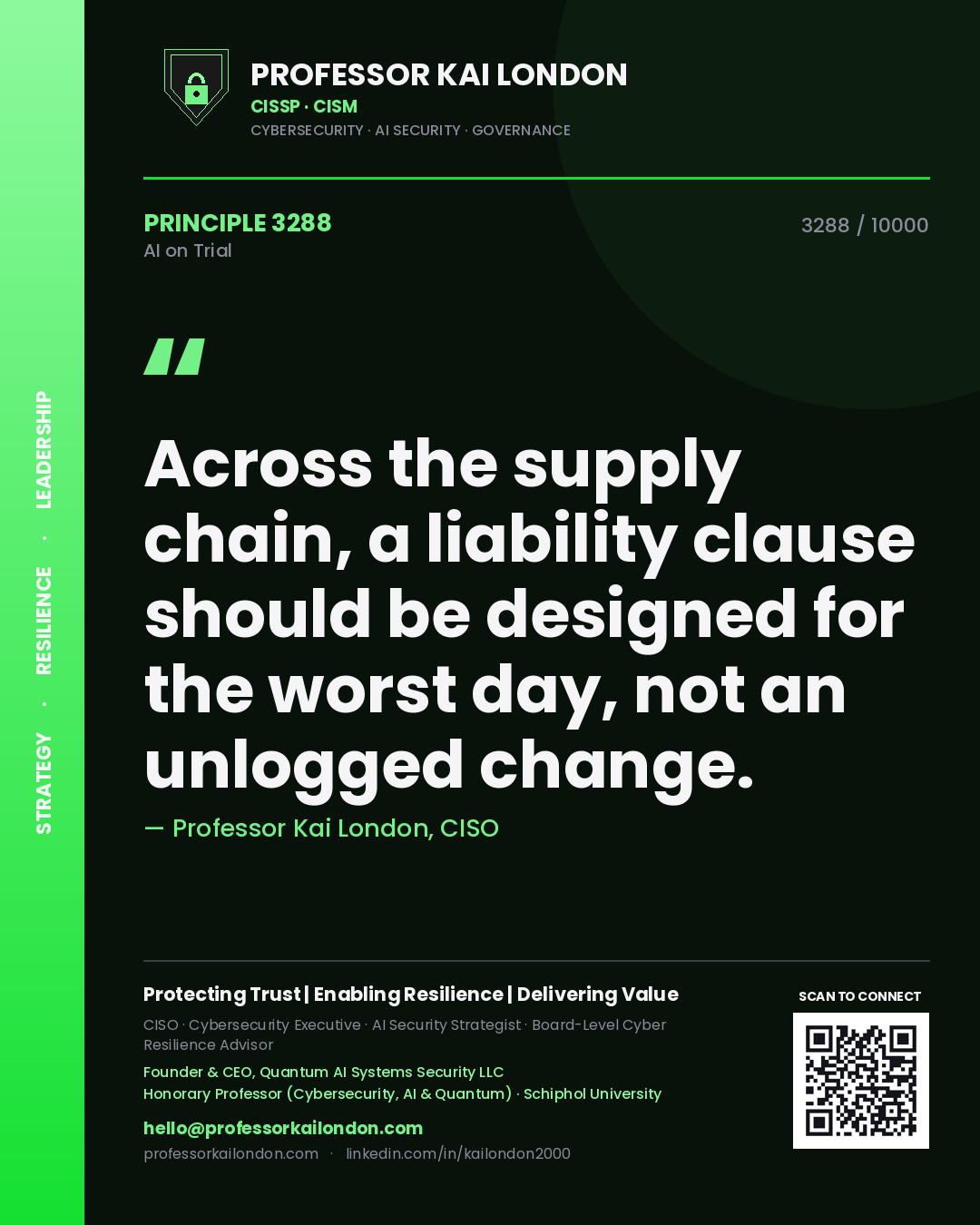 Quote card by Professor Kai London reading 'Across the supply chain, a liability clause should be designed for the worst day, not an unlogged change.'. From the book AI on Trial.