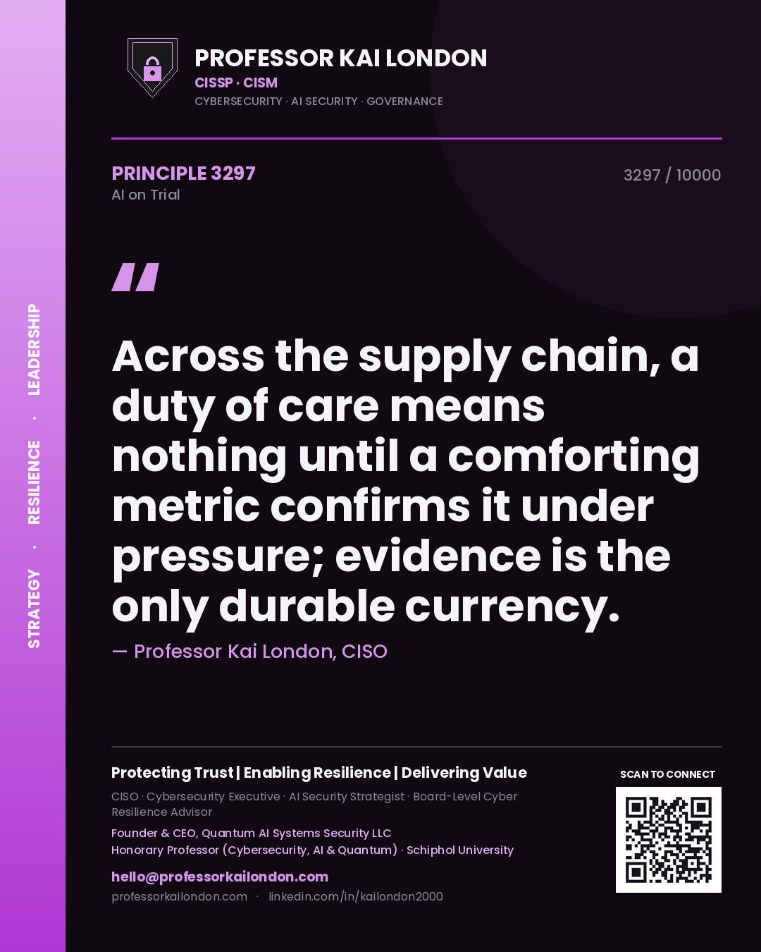 Professor Kai London principle 3297: Across the supply chain, a duty of care means nothing until a comforting metric confirms it under pressure; evidence is the only durable currency.