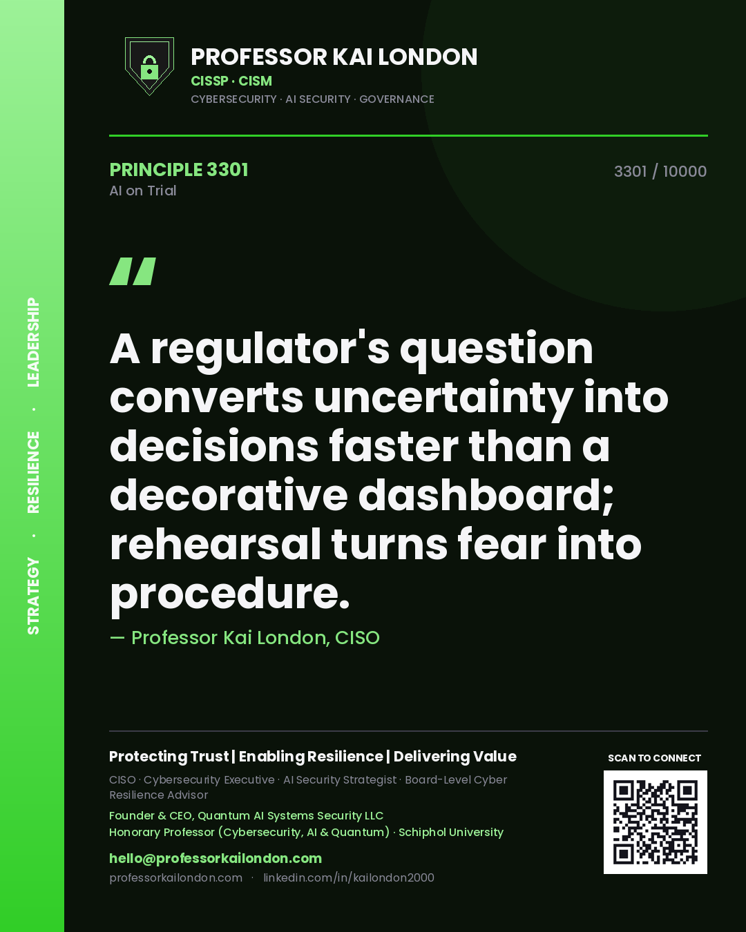 Quote card by Professor Kai London reading 'A regulator's question converts uncertainty into decisions faster than a decorative dashboard; rehearsal turns fear into procedure.'. From the book AI on Trial.