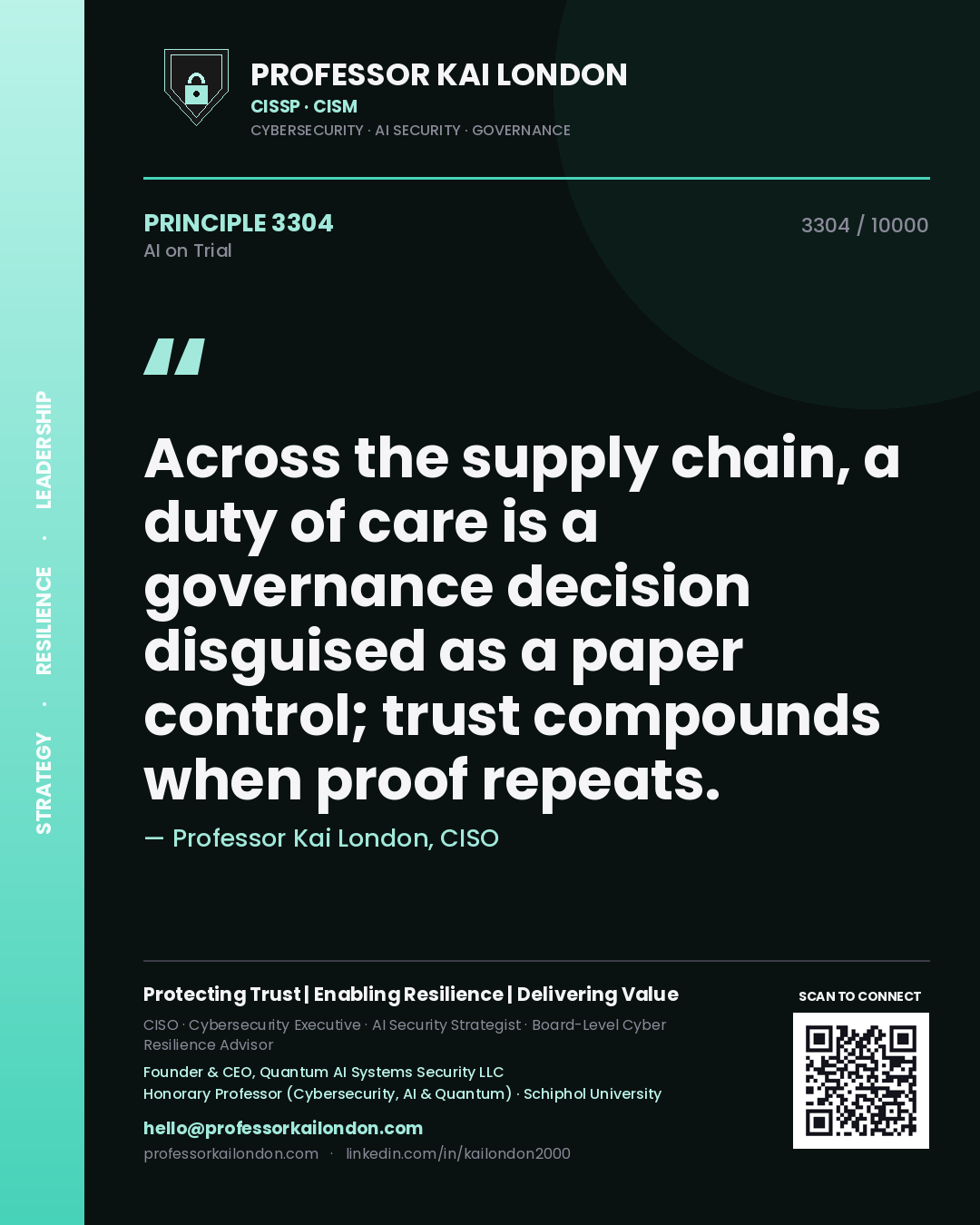 Quote card by Professor Kai London reading 'Across the supply chain, a duty of care is a governance decision disguised as a paper control; trust compounds when proof repeats.'. From the book AI on Trial.