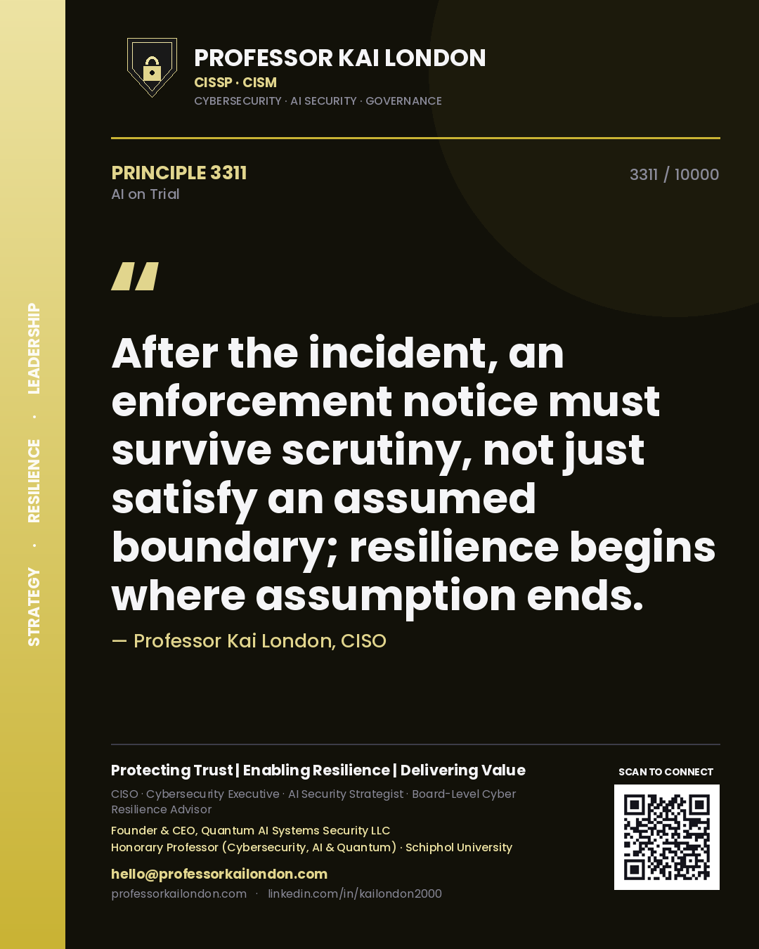 Quote card by Professor Kai London reading 'After the incident, an enforcement notice must survive scrutiny, not just satisfy an assumed boundary; resilience begins where assumption ends.'. From the book AI on Trial.