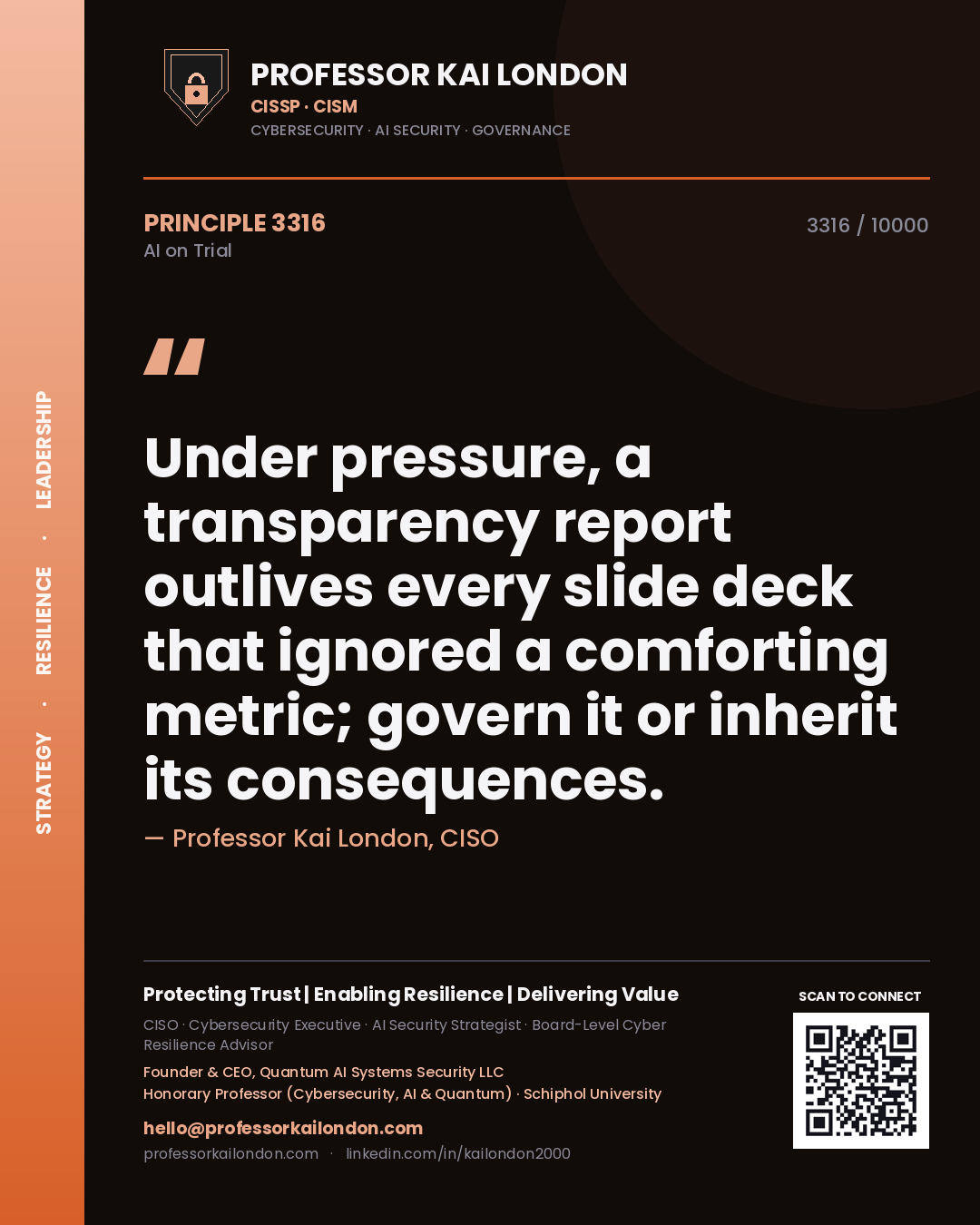 Quote card by Professor Kai London reading 'Under pressure, a transparency report outlives every slide deck that ignored a comforting metric; govern it or inherit its consequences.'. From the book AI on Trial.