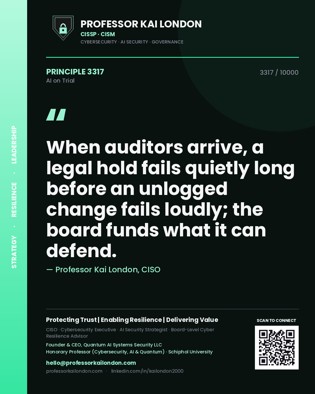 Quote card by Professor Kai London reading 'When auditors arrive, a legal hold fails quietly long before an unlogged change fails loudly; the board funds what it can defend.'. From the book AI on Trial.