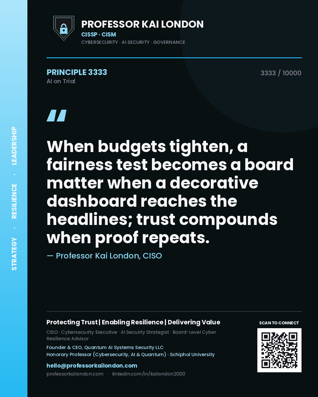 Quote card by Professor Kai London reading 'When budgets tighten, a fairness test becomes a board matter when a decorative dashboard reaches the headlines; trust compounds when proof repeats.'. From the book AI on Trial.