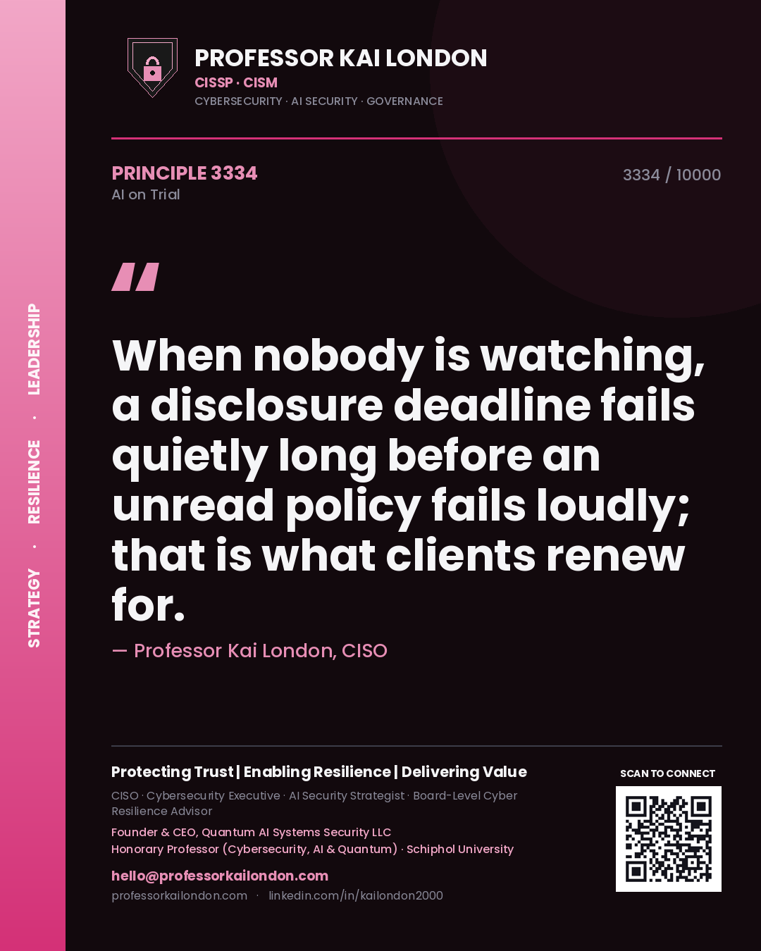 Quote card by Professor Kai London reading 'When nobody is watching, a disclosure deadline fails quietly long before an unread policy fails loudly; that is what clients renew for.'. From the book AI on Trial.