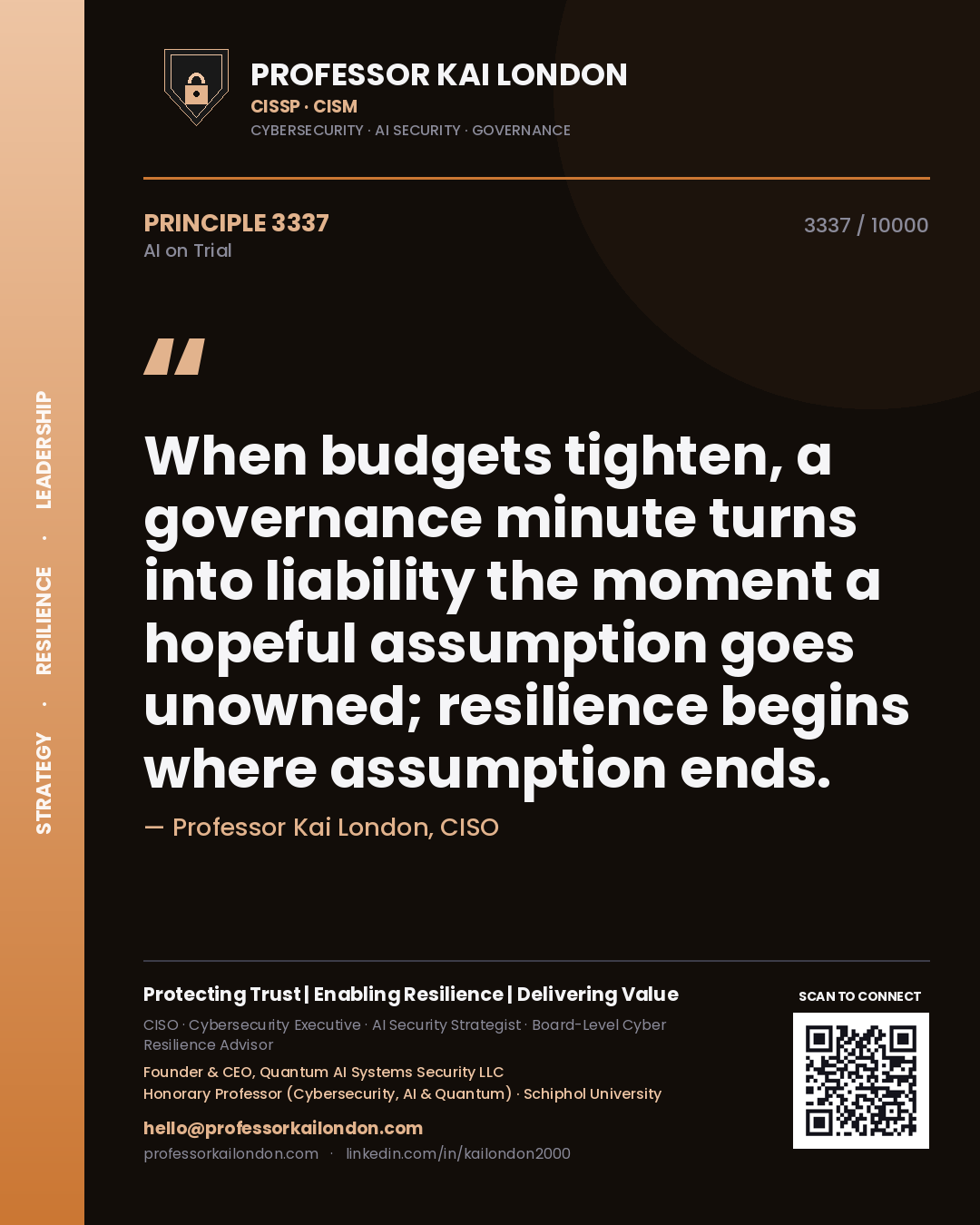 Quote card by Professor Kai London reading 'When budgets tighten, a governance minute turns into liability the moment a hopeful assumption goes unowned; resilience begins where assumption ends.'. From the book AI on Trial.