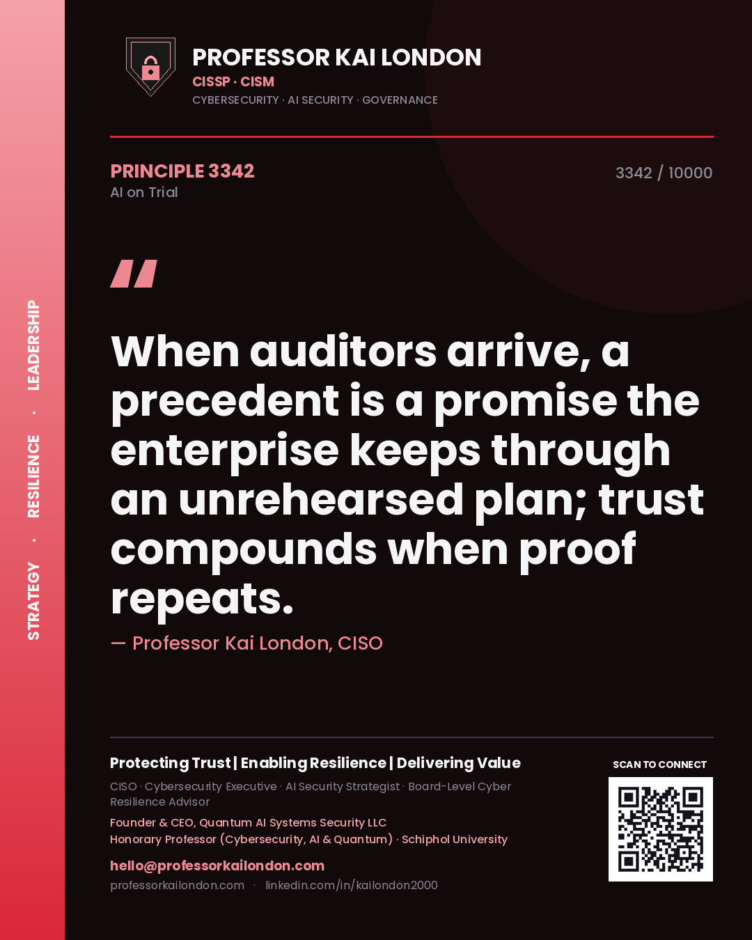 Quote card by Professor Kai London reading 'When auditors arrive, a precedent is a promise the enterprise keeps through an unrehearsed plan; trust compounds when proof repeats.'. From the book AI on Trial.