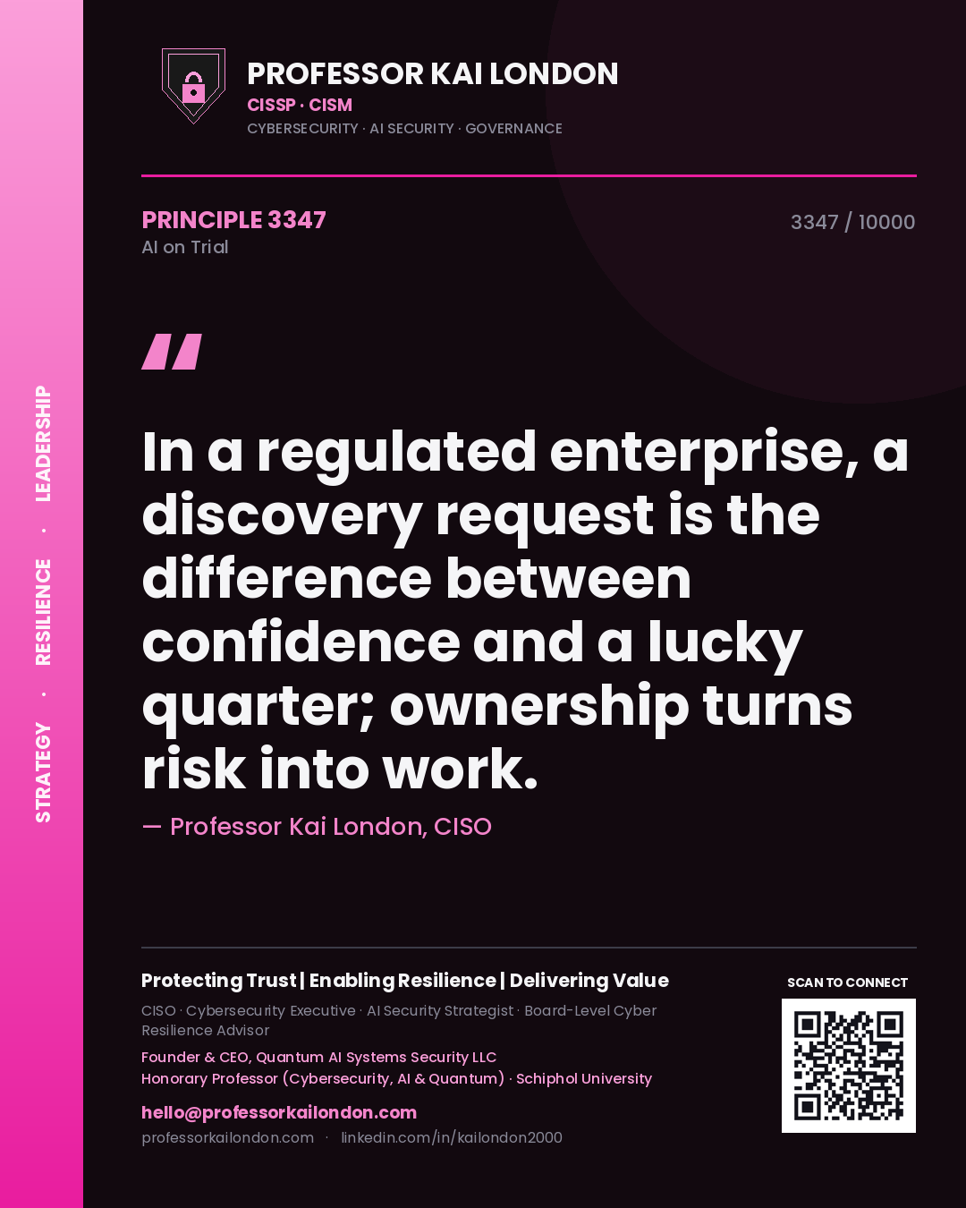 Quote card by Professor Kai London reading 'In a regulated enterprise, a discovery request is the difference between confidence and a lucky quarter; ownership turns risk into work.'. From the book AI on Trial.