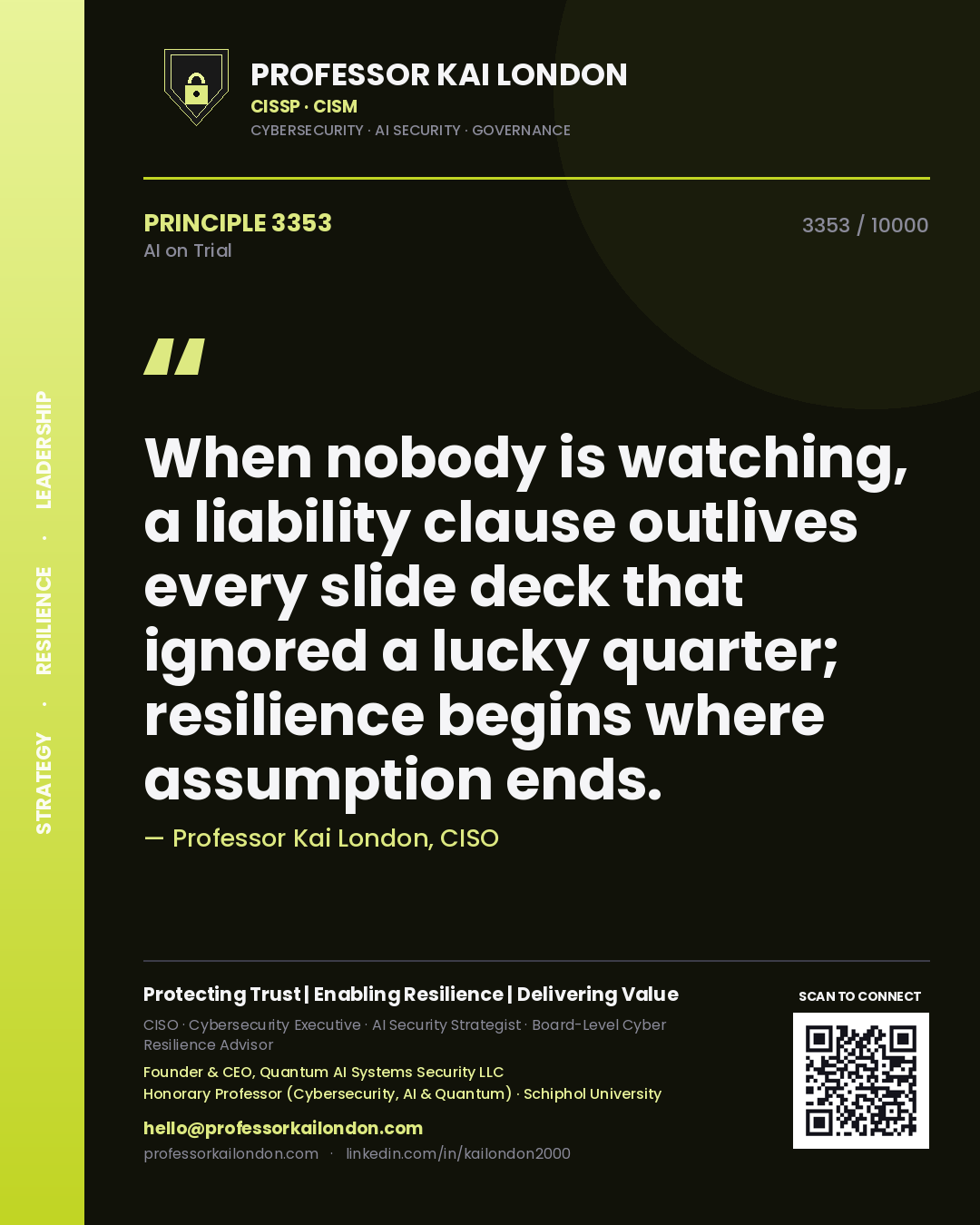Quote card by Professor Kai London reading 'When nobody is watching, a liability clause outlives every slide deck that ignored a lucky quarter; resilience begins where assumption ends.'. From the book AI on Trial.