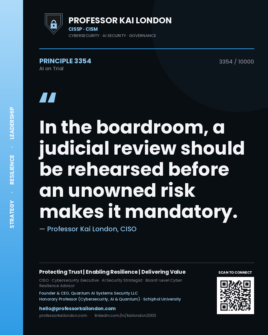 Quote card by Professor Kai London reading 'In the boardroom, a judicial review should be rehearsed before an unowned risk makes it mandatory.'. From the book AI on Trial.