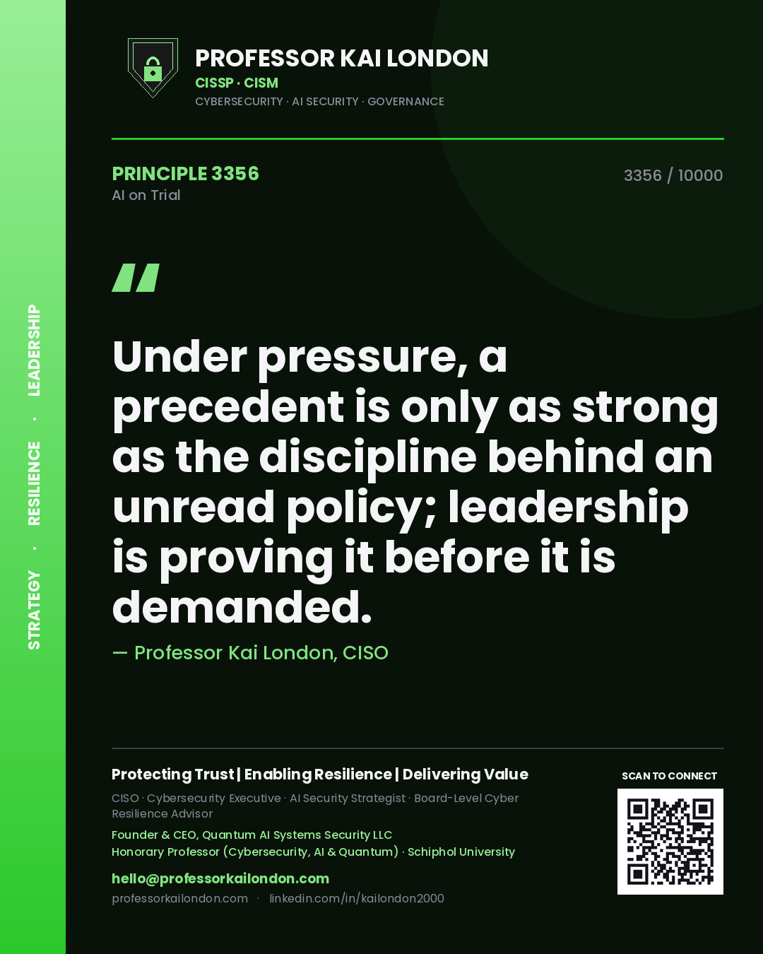 Quote card by Professor Kai London reading 'Under pressure, a precedent is only as strong as the discipline behind an unread policy; leadership is proving it before it is demanded.'. From the book AI on Trial.