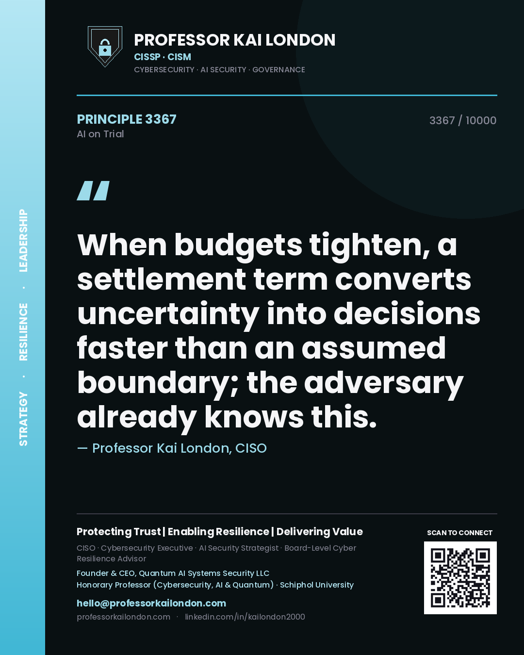 Quote card by Professor Kai London reading 'When budgets tighten, a settlement term converts uncertainty into decisions faster than an assumed boundary; the adversary already knows this.'. From the book AI on Trial.