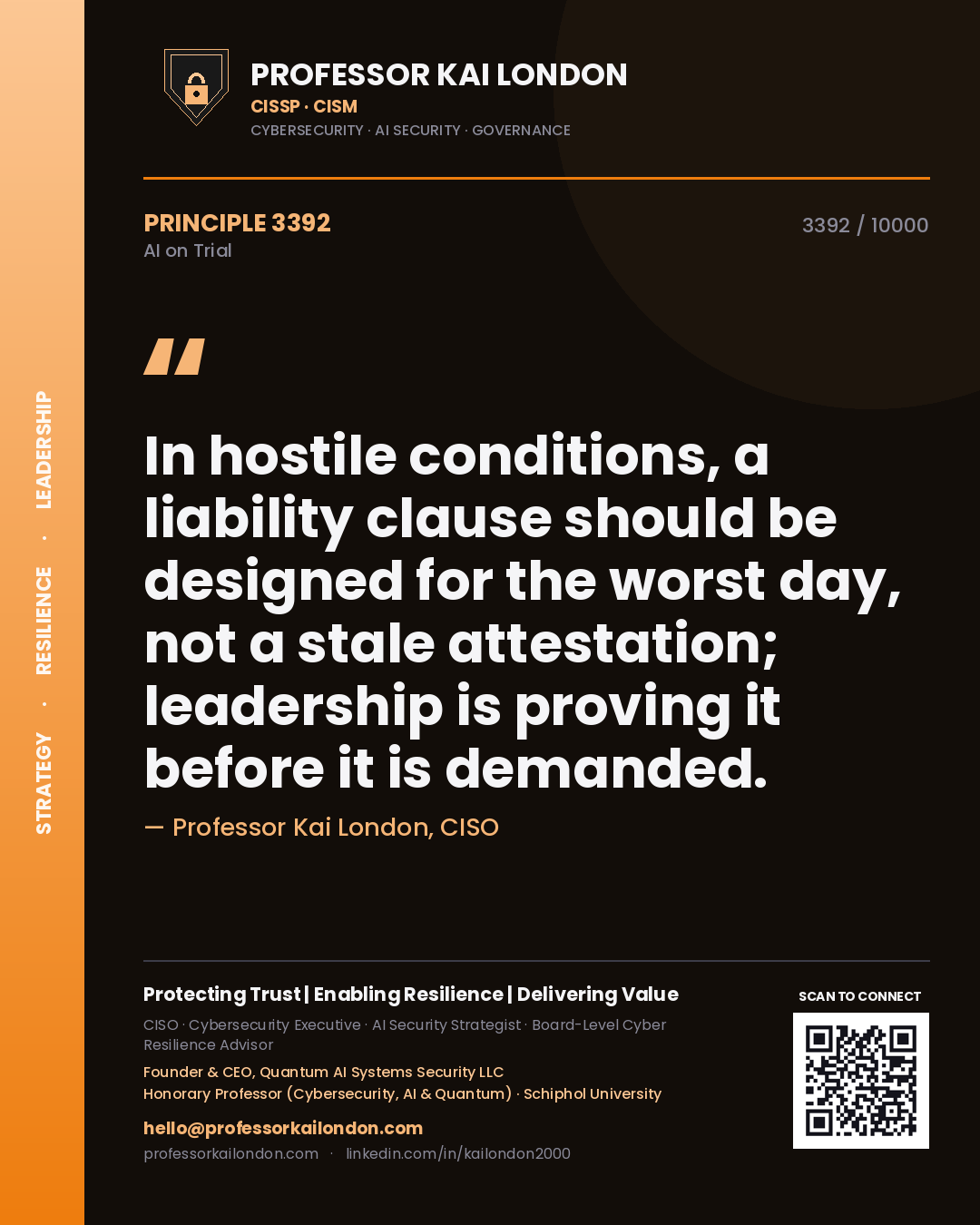 Quote card by Professor Kai London reading 'In hostile conditions, a liability clause should be designed for the worst day, not a stale attestation; leadership is proving it before it is demanded.'. From the book AI on Trial.
