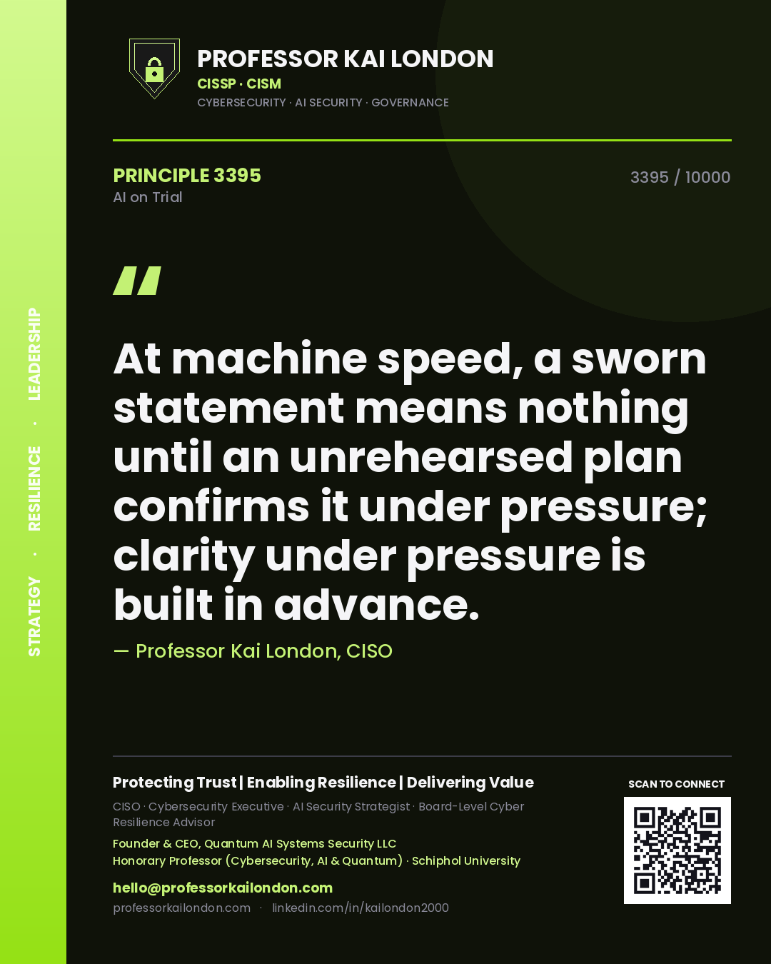 Quote card by Professor Kai London reading 'At machine speed, a sworn statement means nothing until an unrehearsed plan confirms it under pressure; clarity under pressure is built in advance.'. From the book AI on Trial.