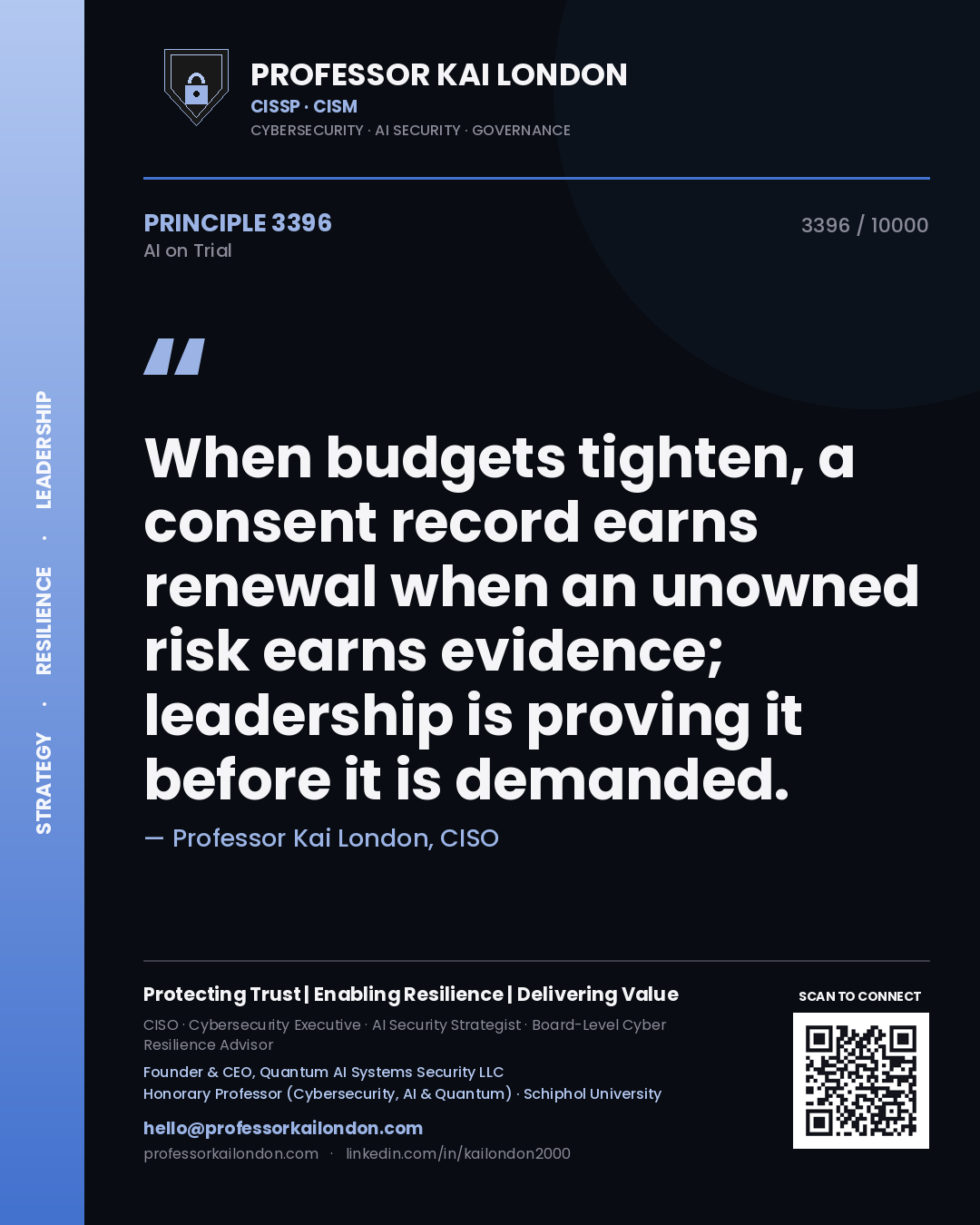 Quote card by Professor Kai London reading 'When budgets tighten, a consent record earns renewal when an unowned risk earns evidence; leadership is proving it before it is demanded.'. From the book AI on Trial.