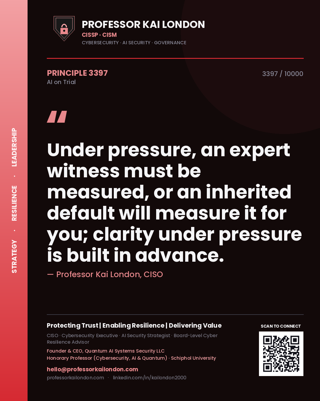 Quote card by Professor Kai London reading 'Under pressure, an expert witness must be measured, or an inherited default will measure it for you; clarity under pressure is built in advance.'. From the book AI on Trial.