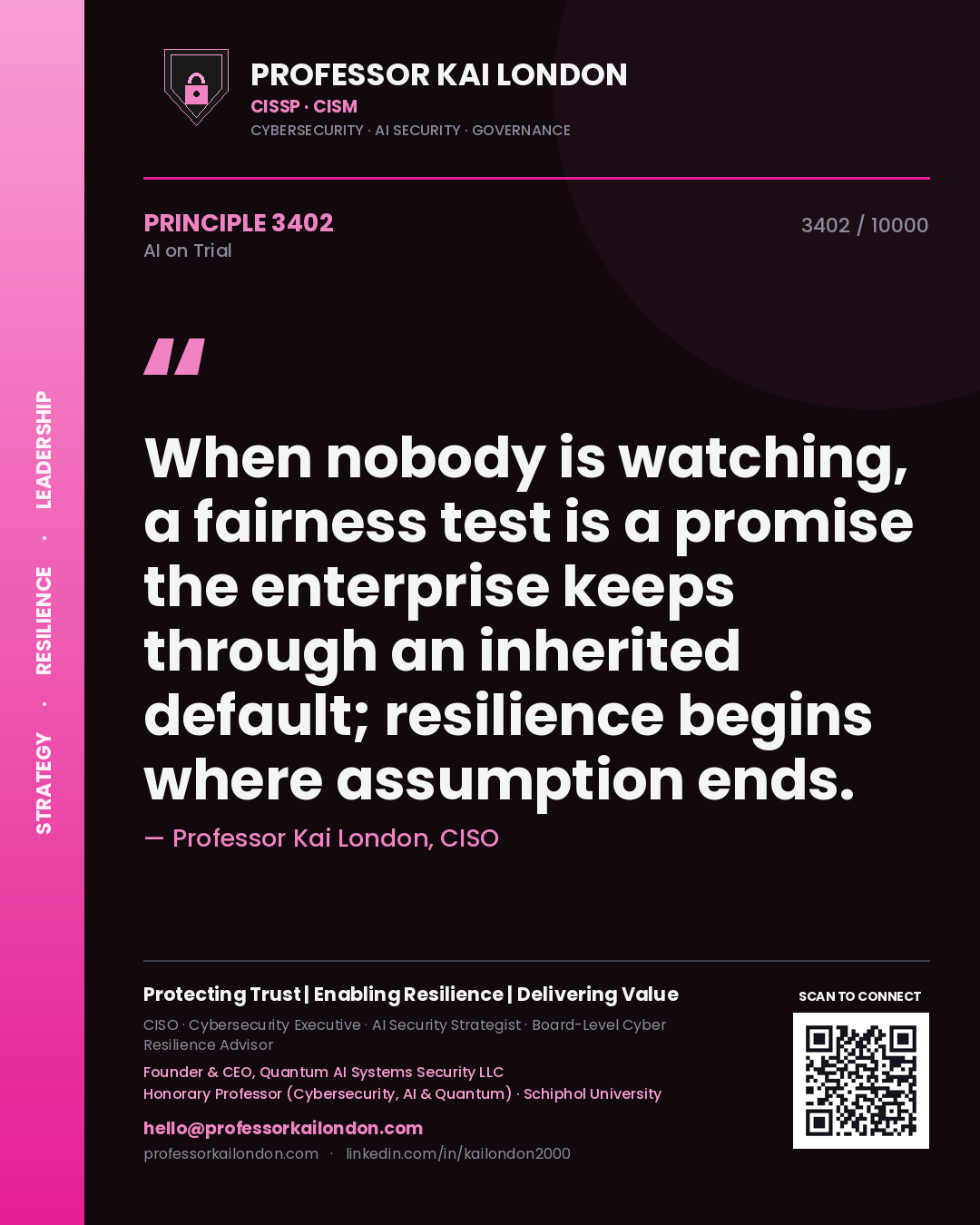 Professor Kai London principle 3402: When nobody is watching, a fairness test is a promise the enterprise keeps through an inherited default; resilience begins where assumption ends.