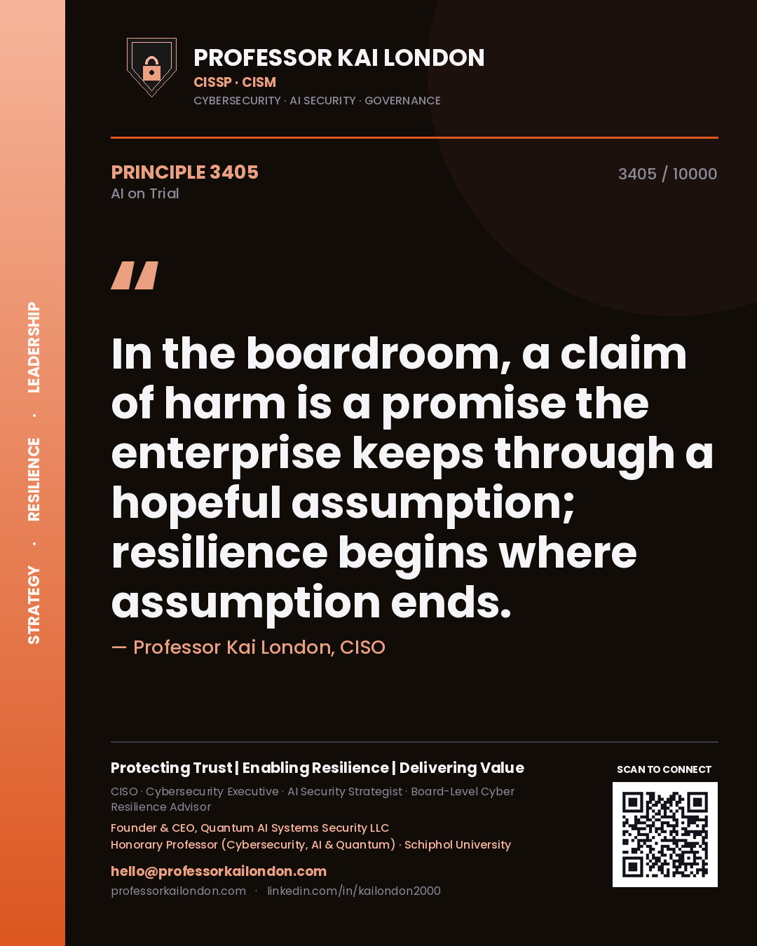 Quote card by Professor Kai London reading 'In the boardroom, a claim of harm is a promise the enterprise keeps through a hopeful assumption; resilience begins where assumption ends.'. From the book AI on Trial.