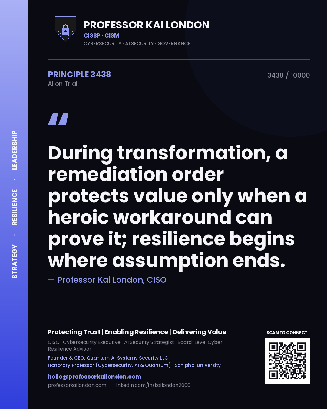 Professor Kai London principle 3438: During transformation, a remediation order protects value only when a heroic workaround can prove it; resilience begins where assumption ends.