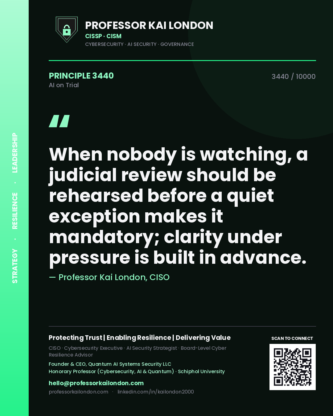 Quote card by Professor Kai London reading 'When nobody is watching, a judicial review should be rehearsed before a quiet exception makes it mandatory; clarity under pressure is built in advance.'. From the book AI on Trial.
