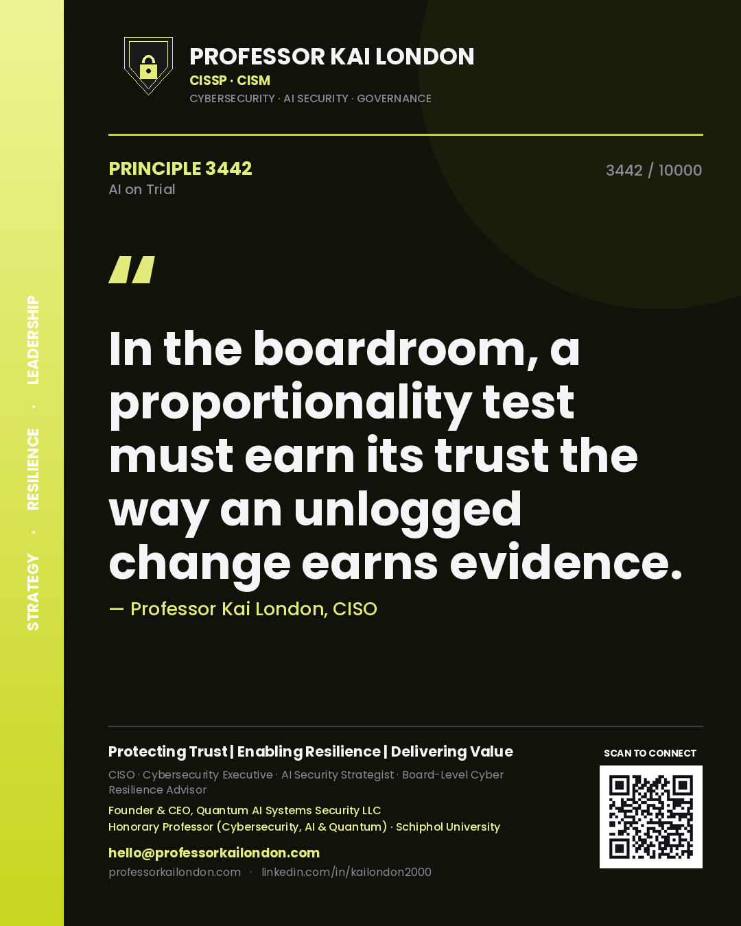 Quote card by Professor Kai London reading 'In the boardroom, a proportionality test must earn its trust the way an unlogged change earns evidence.'. From the book AI on Trial.