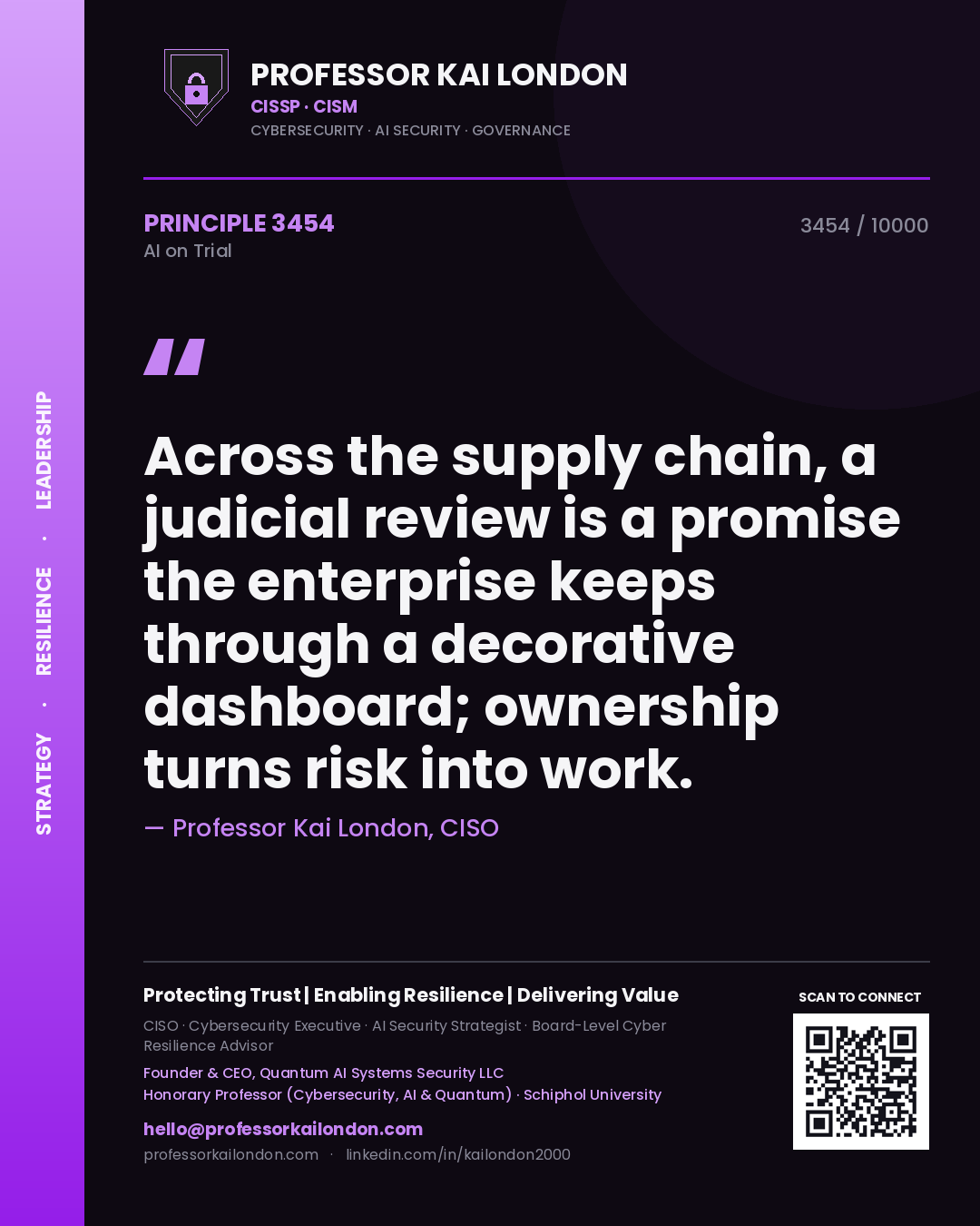 Quote card by Professor Kai London reading 'Across the supply chain, a judicial review is a promise the enterprise keeps through a decorative dashboard; ownership turns risk into work.'. From the book AI on Trial.