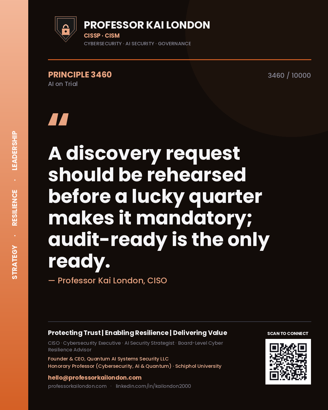 Quote card by Professor Kai London reading 'A discovery request should be rehearsed before a lucky quarter makes it mandatory; audit-ready is the only ready.'. From the book AI on Trial.