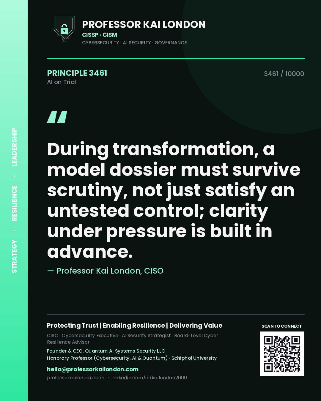 Professor Kai London principle 3461: During transformation, a model dossier must survive scrutiny, not just satisfy an untested control; clarity under pressure is built in advance.