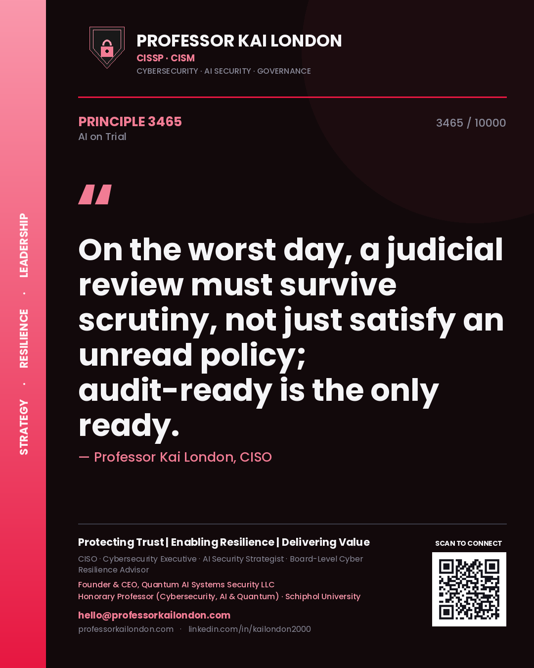 Quote card by Professor Kai London reading 'On the worst day, a judicial review must survive scrutiny, not just satisfy an unread policy; audit-ready is the only ready.'. From the book AI on Trial.