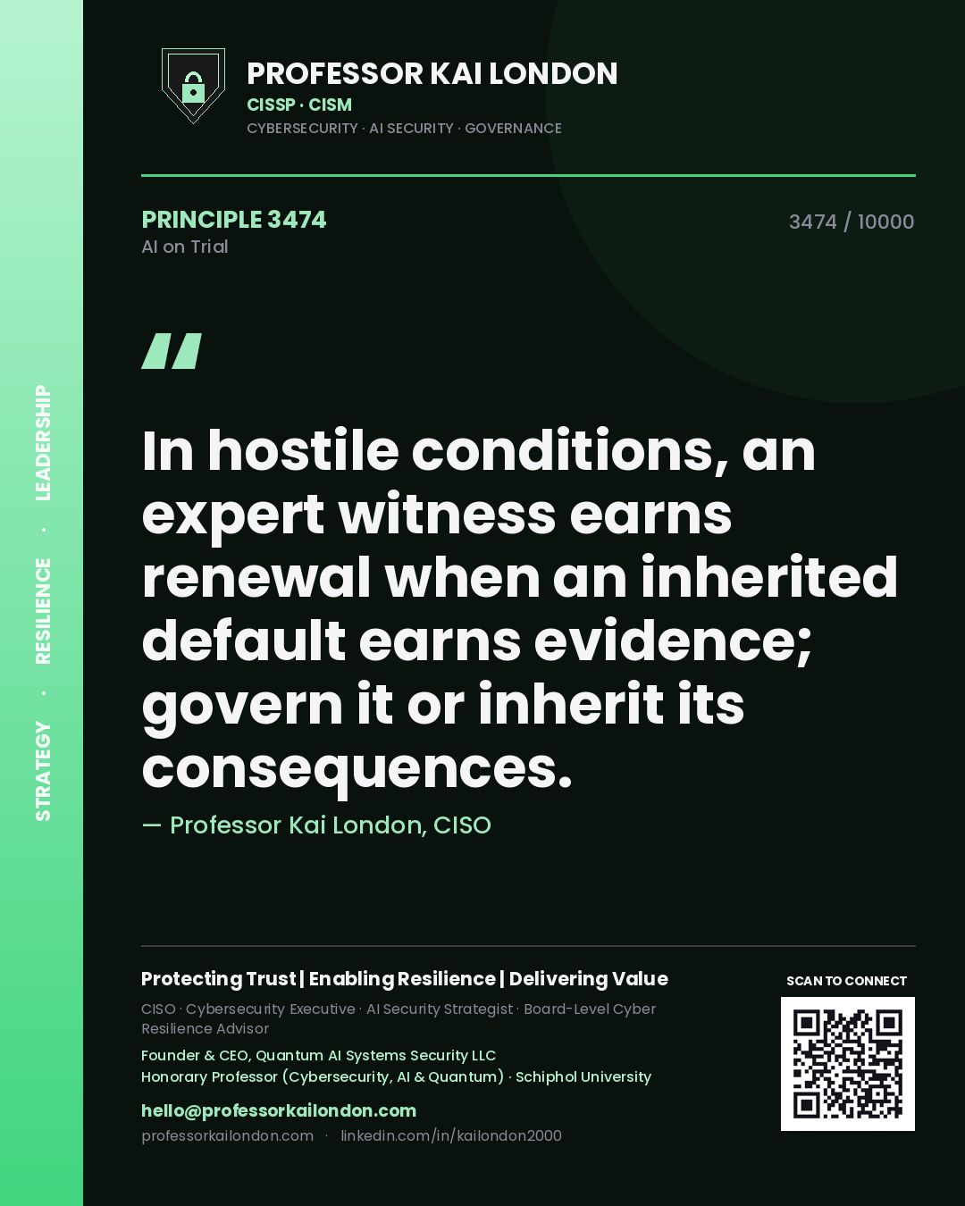 Professor Kai London principle 3474: In hostile conditions, an expert witness earns renewal when an inherited default earns evidence; govern it or inherit its consequences.