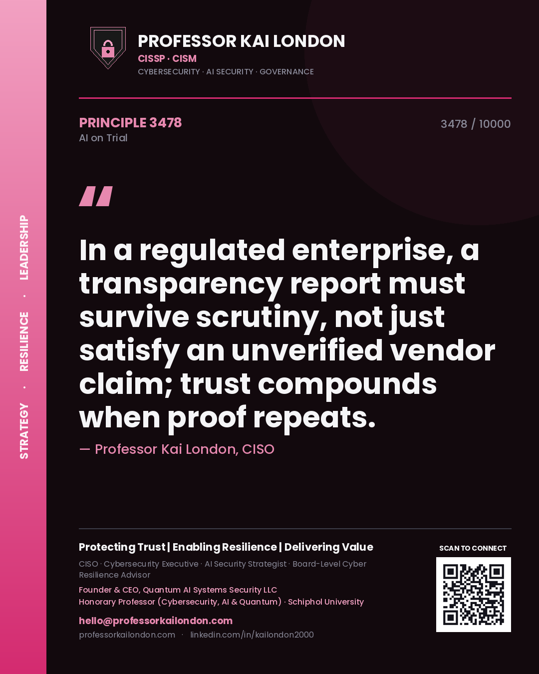 Quote card by Professor Kai London reading 'In a regulated enterprise, a transparency report must survive scrutiny, not just satisfy an unverified vendor claim; trust compounds when proof repeats.'. From the book AI on Trial.