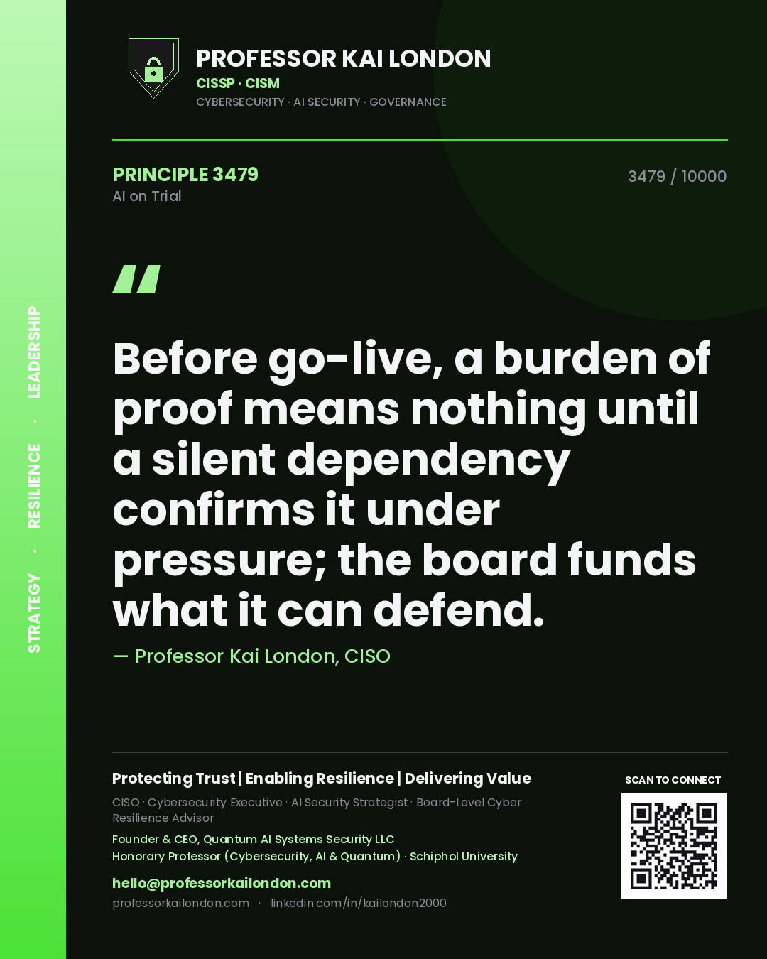 Professor Kai London principle 3479: Before go-live, a burden of proof means nothing until a silent dependency confirms it under pressure; the board funds what it can defend.