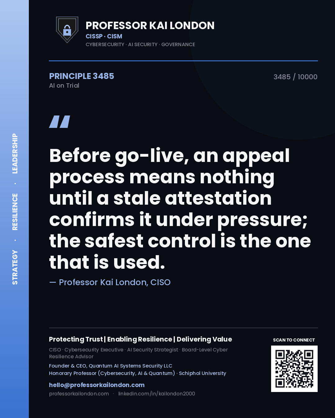 Quote card by Professor Kai London reading 'Before go-live, an appeal process means nothing until a stale attestation confirms it under pressure; the safest control is the one that is used.'. From the book AI on Trial.
