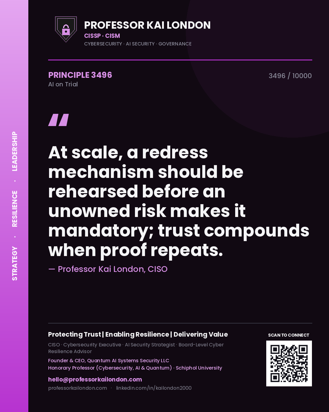 Professor Kai London principle 3496: At scale, a redress mechanism should be rehearsed before an unowned risk makes it mandatory; trust compounds when proof repeats.