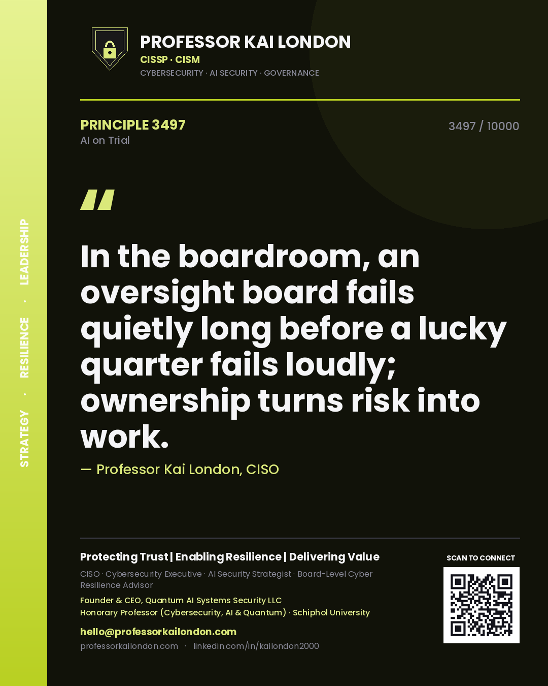 Quote card by Professor Kai London reading 'In the boardroom, an oversight board fails quietly long before a lucky quarter fails loudly; ownership turns risk into work.'. From the book AI on Trial.