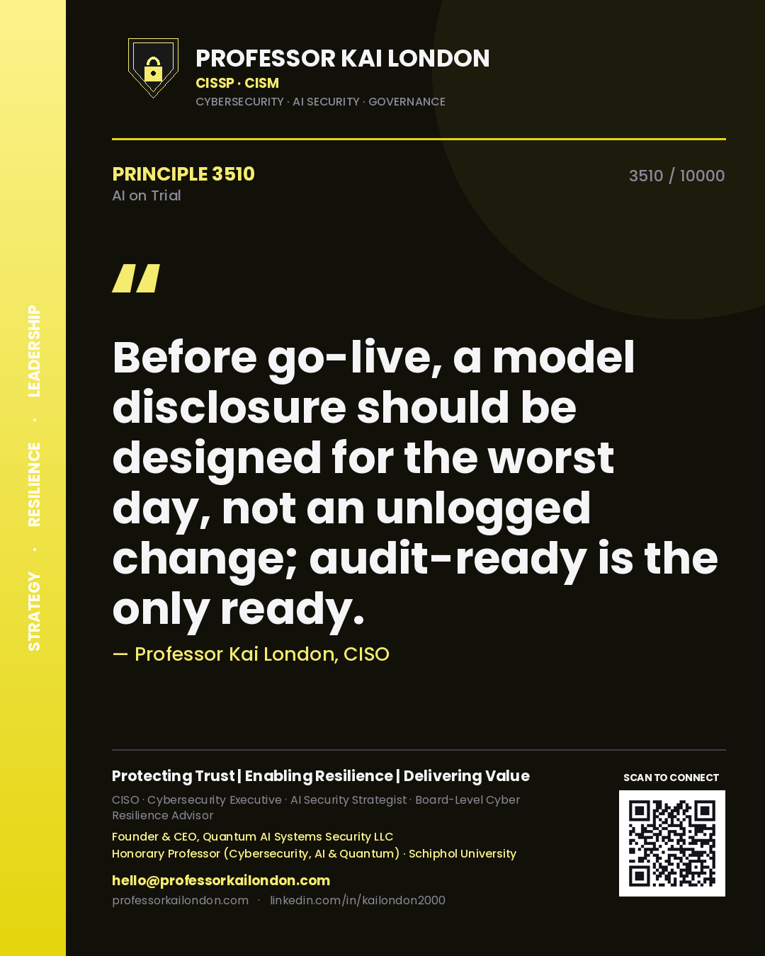 Professor Kai London principle 3510: Before go-live, a model disclosure should be designed for the worst day, not an unlogged change; audit-ready is the only ready.