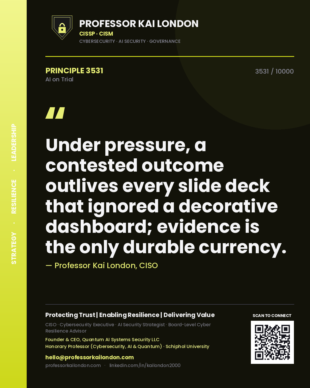Quote card by Professor Kai London reading 'Under pressure, a contested outcome outlives every slide deck that ignored a decorative dashboard; evidence is the only durable currency.'. From the book AI on Trial.