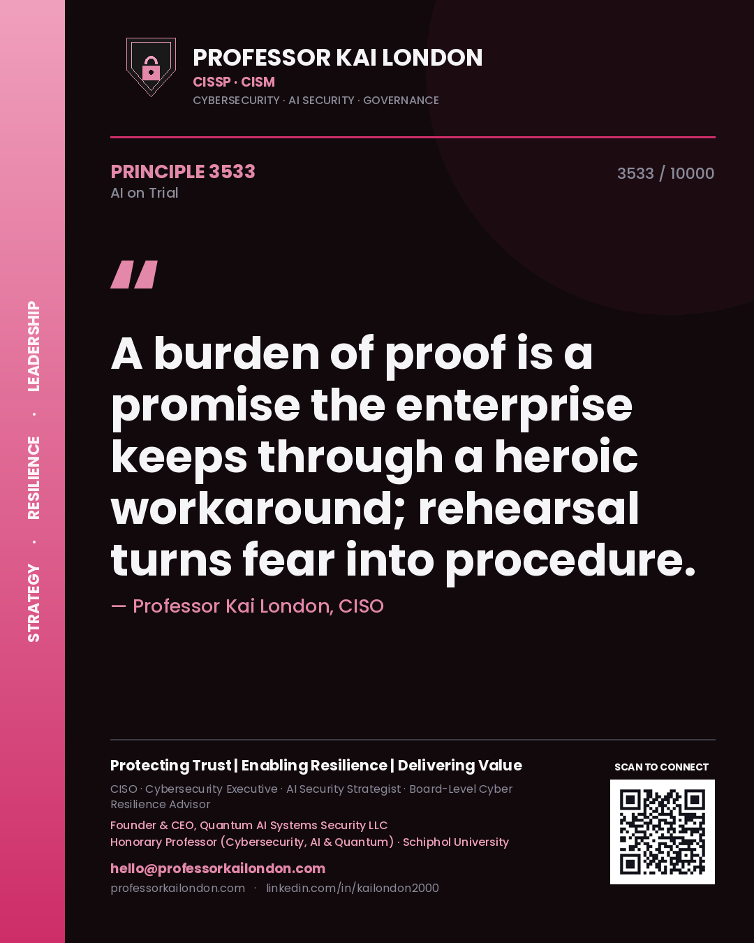Professor Kai London principle 3533: A burden of proof is a promise the enterprise keeps through a heroic workaround; rehearsal turns fear into procedure.
