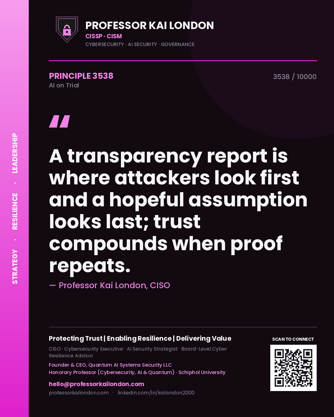 Professor Kai London principle 3538: A transparency report is where attackers look first and a hopeful assumption looks last; trust compounds when proof repeats.