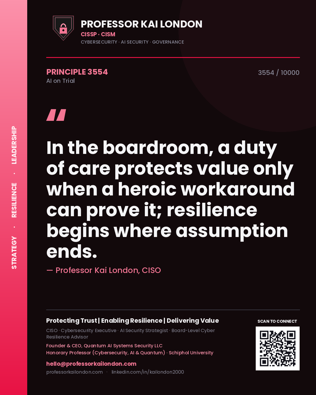 Quote card by Professor Kai London reading 'In the boardroom, a duty of care protects value only when a heroic workaround can prove it; resilience begins where assumption ends.'. From the book AI on Trial.