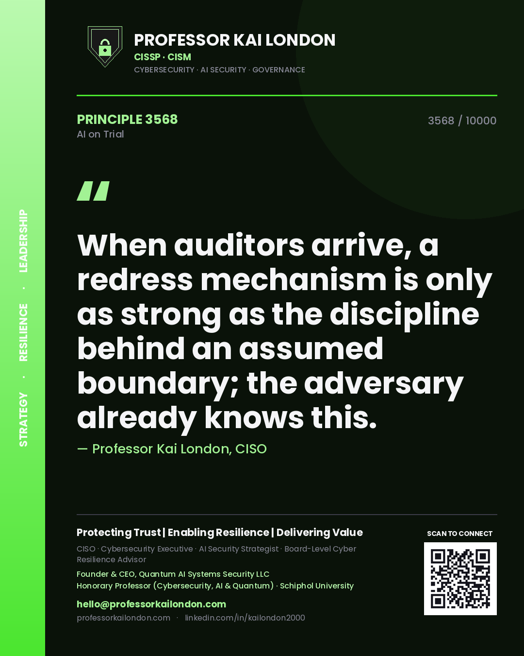 Quote card by Professor Kai London reading 'When auditors arrive, a redress mechanism is only as strong as the discipline behind an assumed boundary; the adversary already knows this.'. From the book AI on Trial.