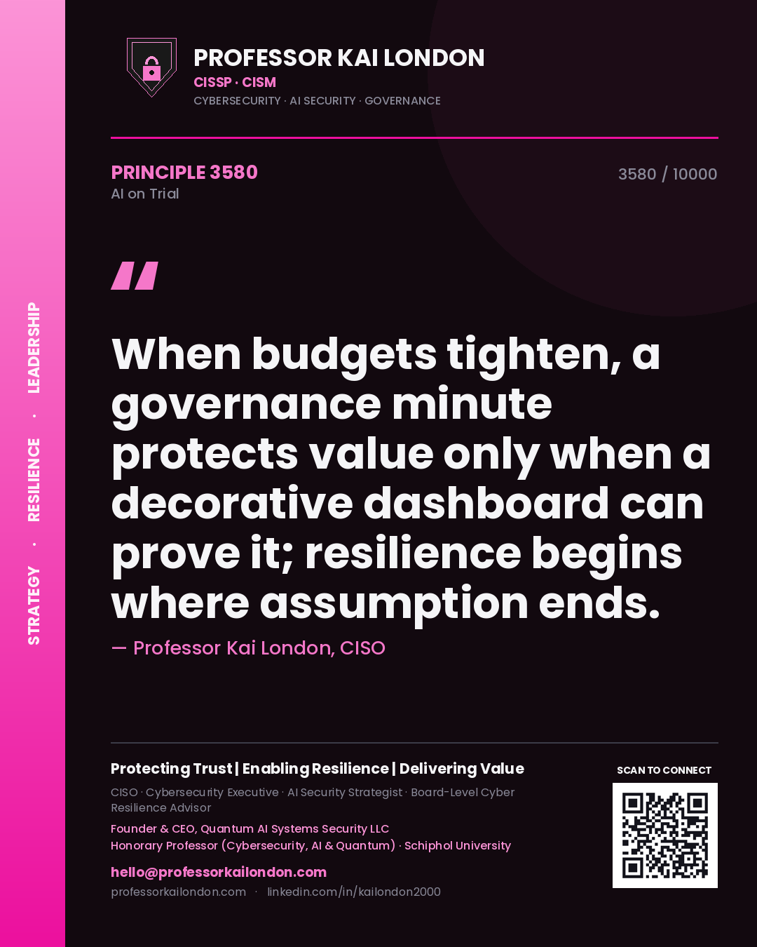Quote card by Professor Kai London reading 'When budgets tighten, a governance minute protects value only when a decorative dashboard can prove it; resilience begins where assumption ends.'. From the book AI on Trial.
