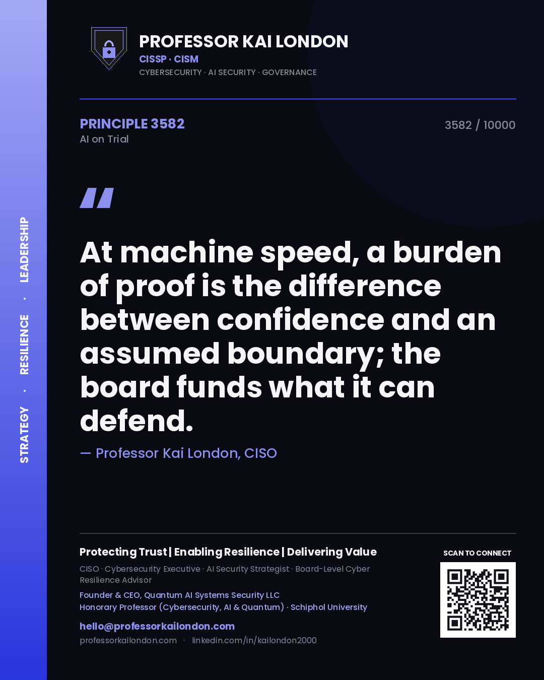 Quote card by Professor Kai London reading 'At machine speed, a burden of proof is the difference between confidence and an assumed boundary; the board funds what it can defend.'. From the book AI on Trial.