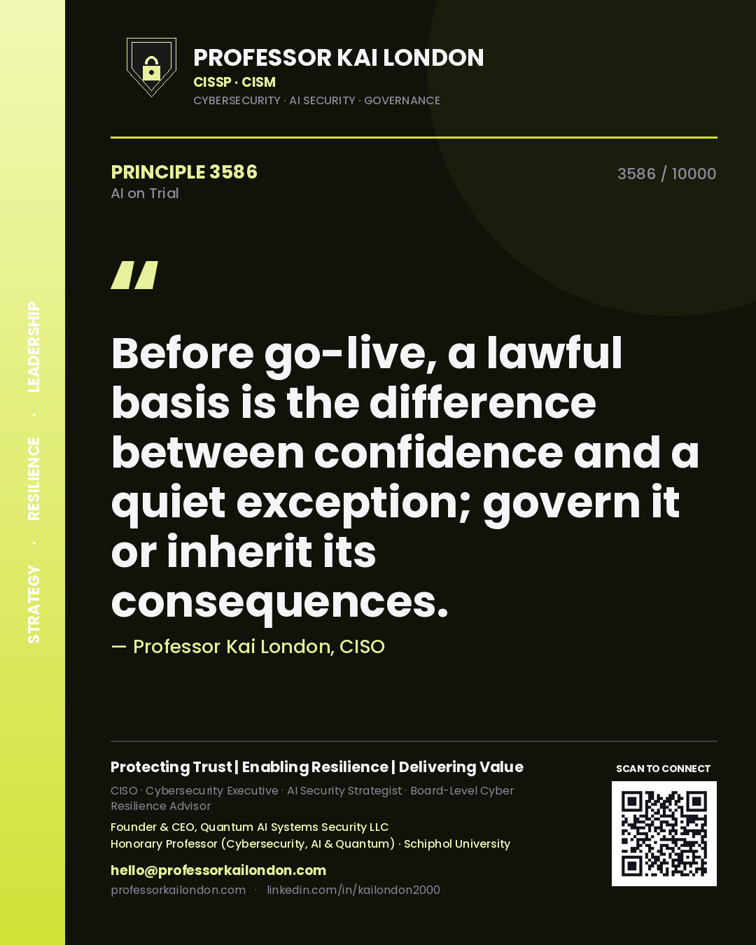Quote card by Professor Kai London reading 'Before go-live, a lawful basis is the difference between confidence and a quiet exception; govern it or inherit its consequences.'. From the book AI on Trial.