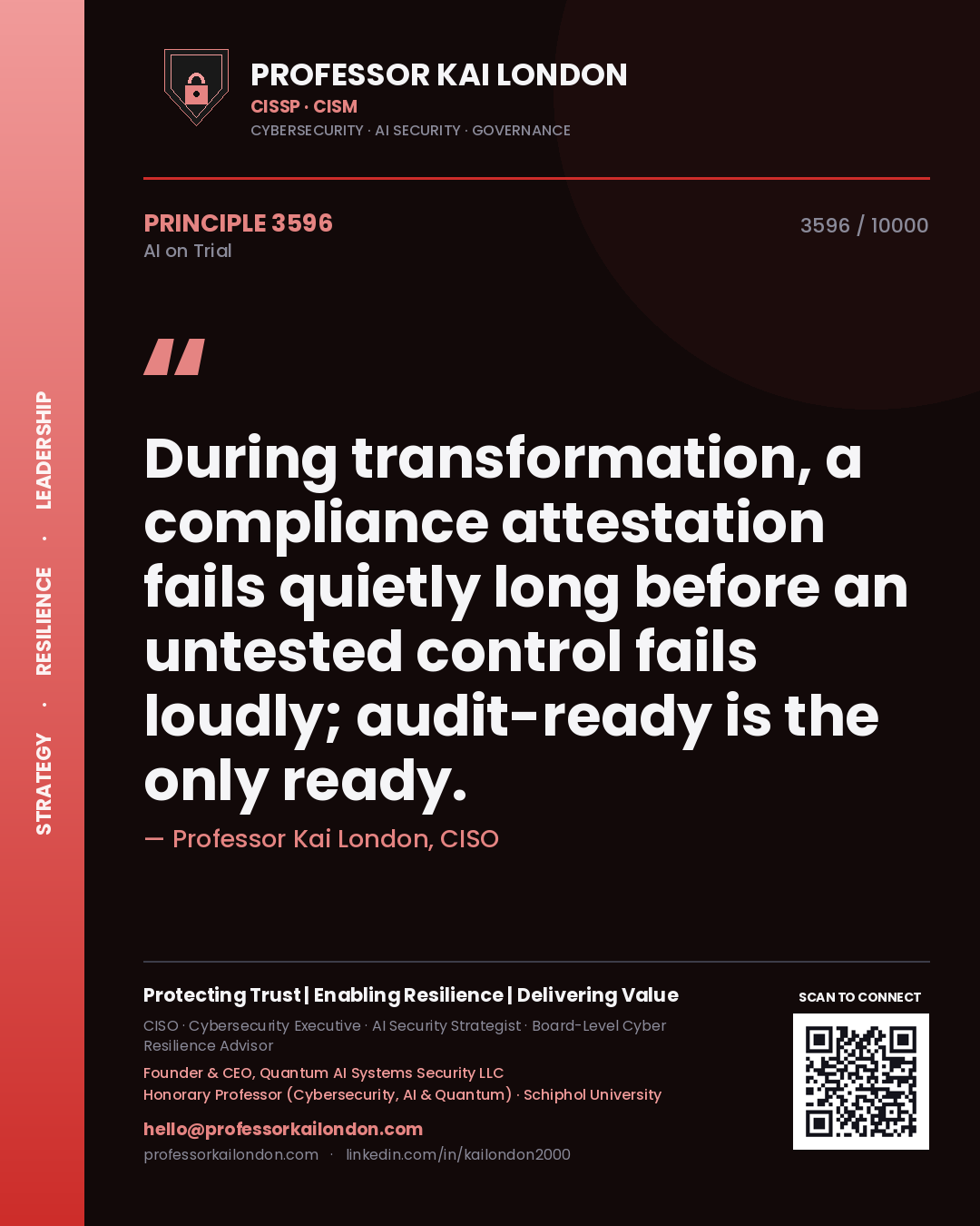 Quote card by Professor Kai London reading 'During transformation, a compliance attestation fails quietly long before an untested control fails loudly; audit-ready is the only ready.'. From the book AI on Trial.