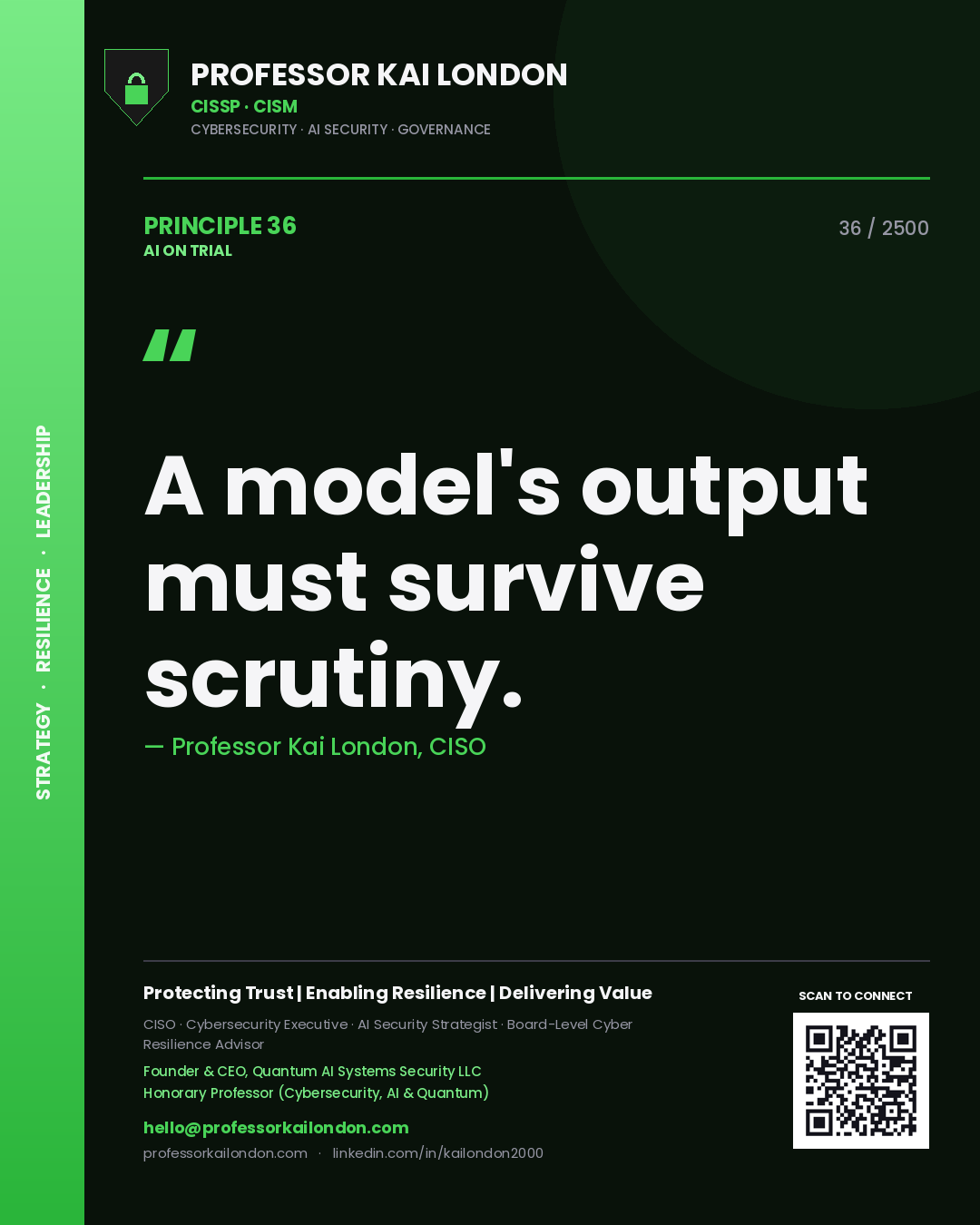 Quote card by Professor Kai London reading 'A model's output must survive scrutiny.'. From the book AI on Trial.