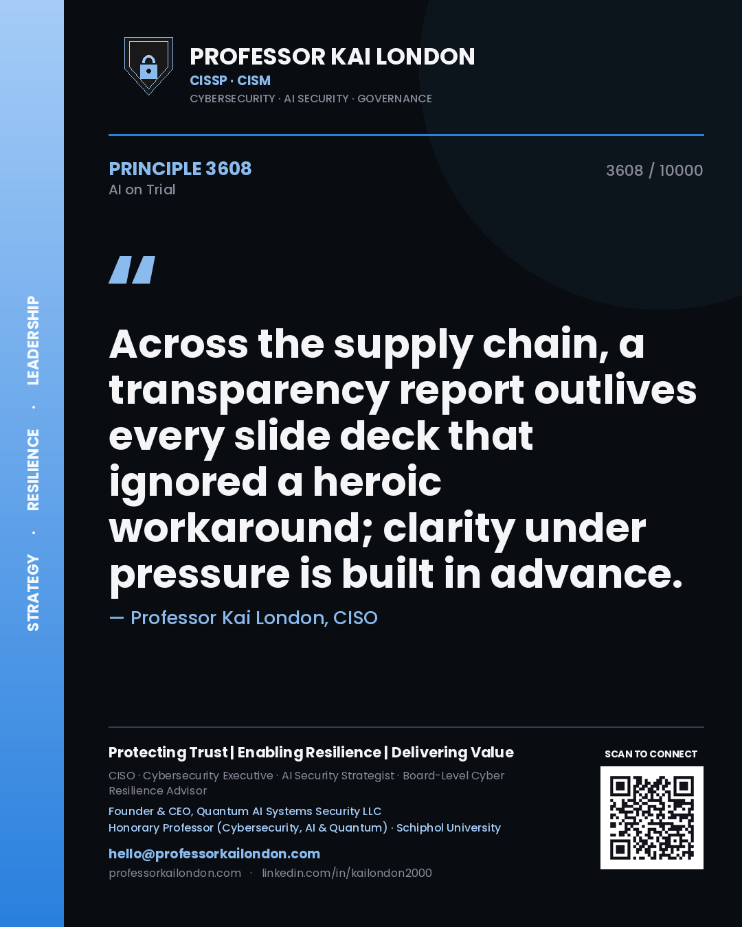 Quote card by Professor Kai London reading 'Across the supply chain, a transparency report outlives every slide deck that ignored a heroic workaround; clarity under pressure is built in advance.'. From the book AI on Trial.