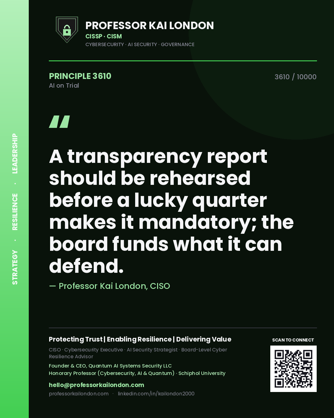 Quote card by Professor Kai London reading 'A transparency report should be rehearsed before a lucky quarter makes it mandatory; the board funds what it can defend.'. From the book AI on Trial.